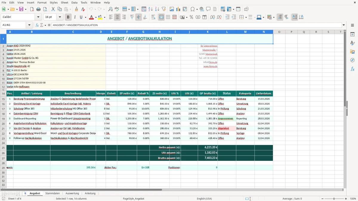 Captura de tela 1: Aba Angebot - Planilha Excel angebot excel vorlage