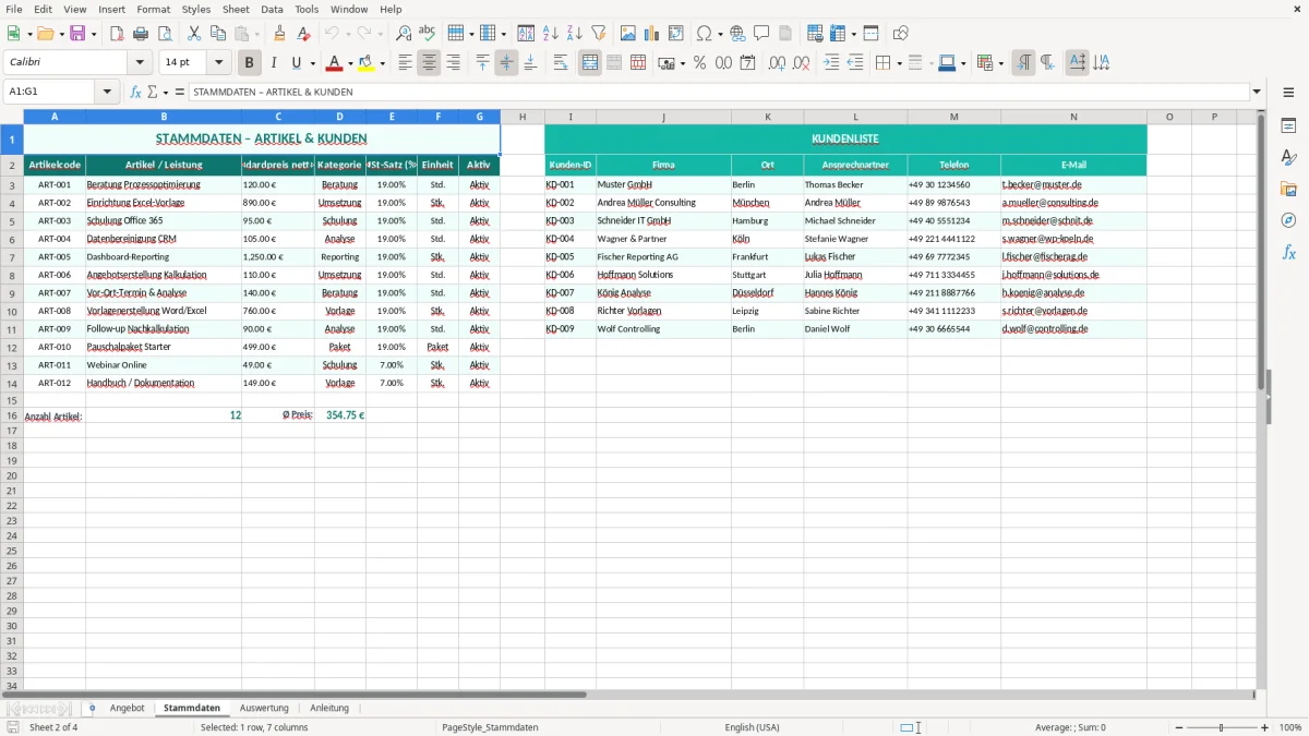 Captura de tela 2: Aba Stammdaten - Planilha Excel angebot excel vorlage