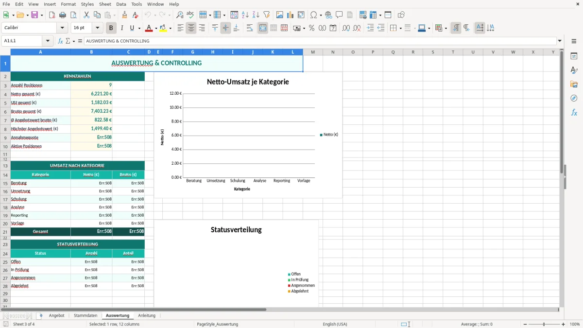 Captura de tela 3: Aba Auswertung - Planilha Excel angebot excel vorlage