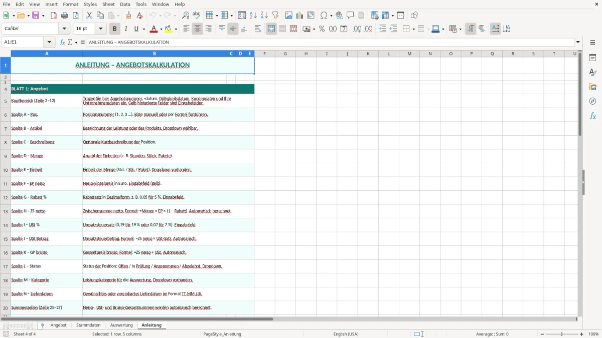 Captura de tela 4: Aba Anleitung - Planilha Excel angebot excel vorlage