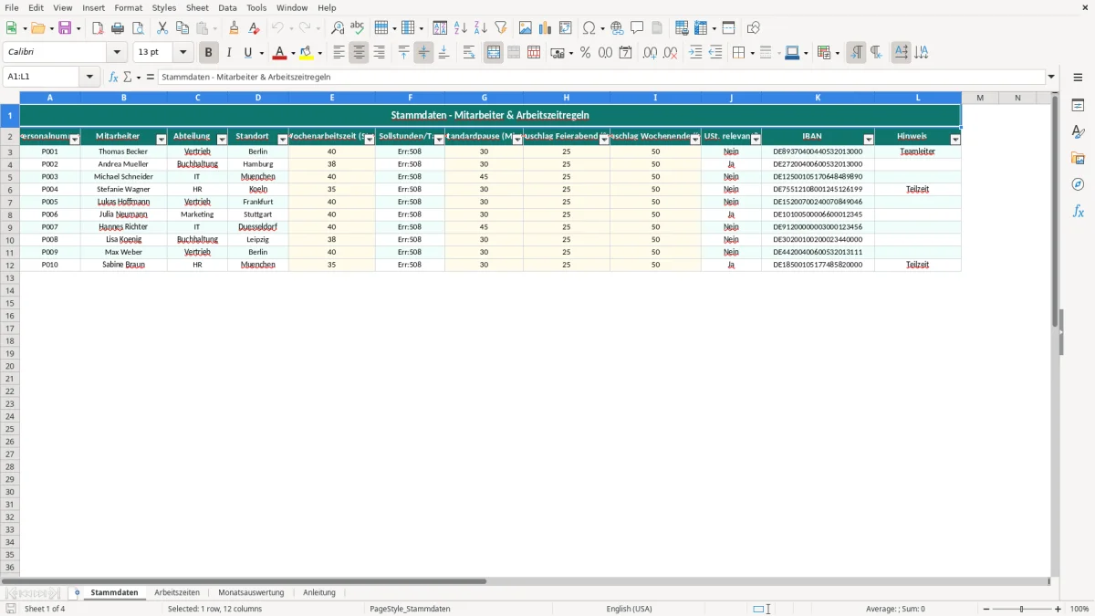 Captura de tela 1: Aba Stammdaten - Planilha Excel arbeitszeiterfassung excel vorlage
