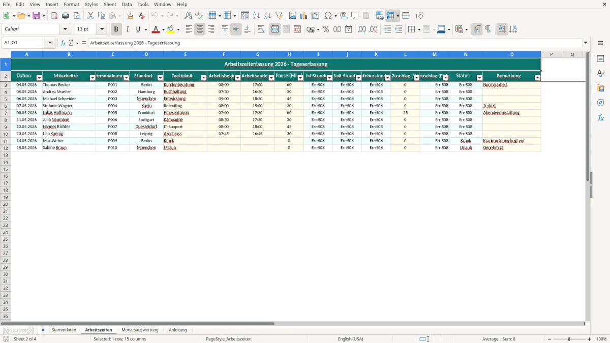 Captura de tela 2: Aba Arbeitszeiten - Planilha Excel arbeitszeiterfassung excel vorlage