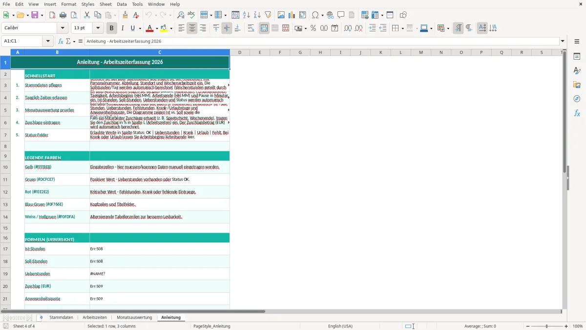 Captura de tela 4: Aba Anleitung - Planilha Excel arbeitszeiterfassung excel vorlage