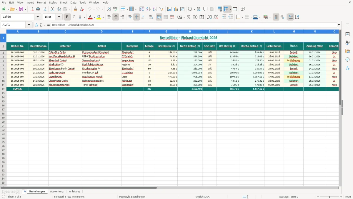 Captura de tela 1: Aba Bestellungen - Planilha Excel bestellliste excel vorlage
