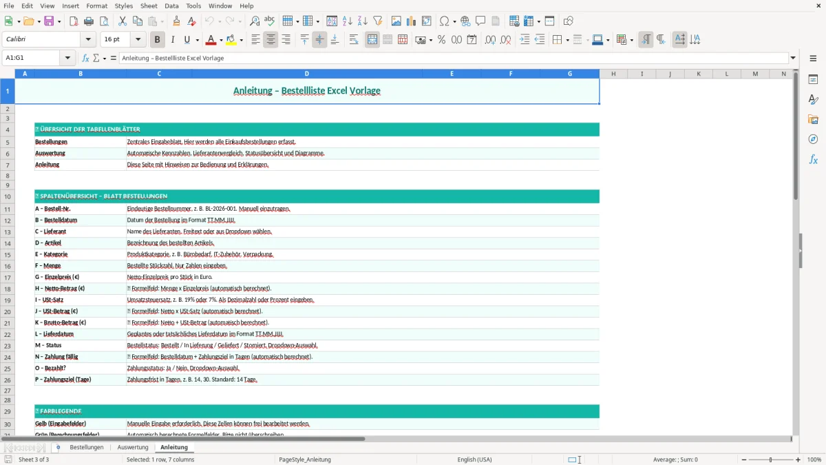 Captura de tela 3: Aba Anleitung - Planilha Excel bestellliste excel vorlage