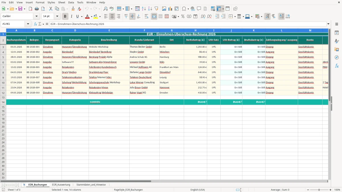 Captura de tela 1: Aba EÜR_Buchungen - Planilha Excel eür excel vorlage
