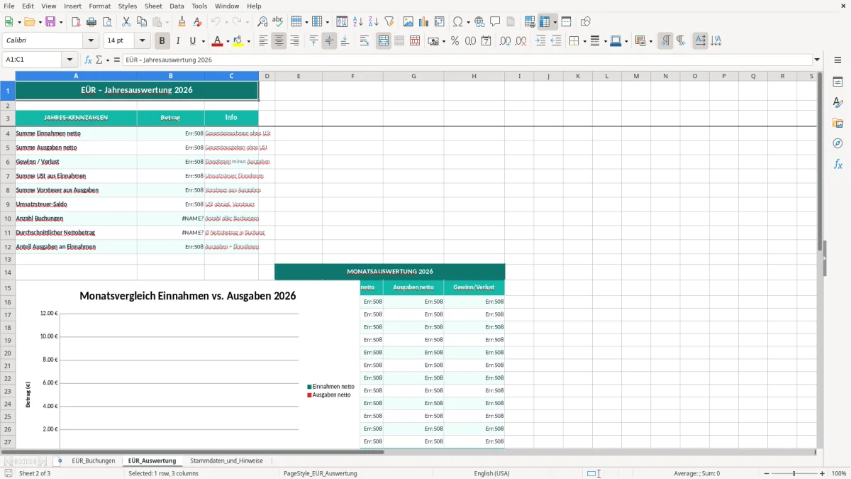 Captura de tela 2: Aba EÜR_Auswertung - Planilha Excel eür excel vorlage