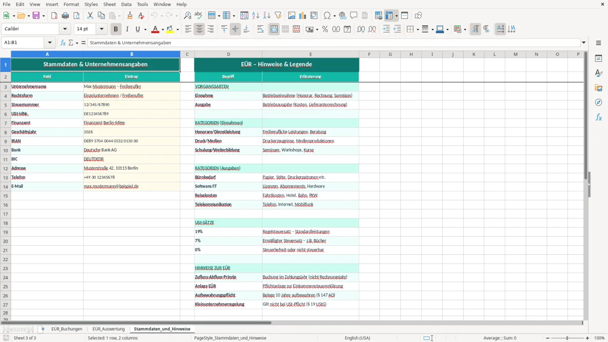 Captura de tela 3: Aba Stammdaten_und_Hinweise - Planilha Excel eür excel vorlage