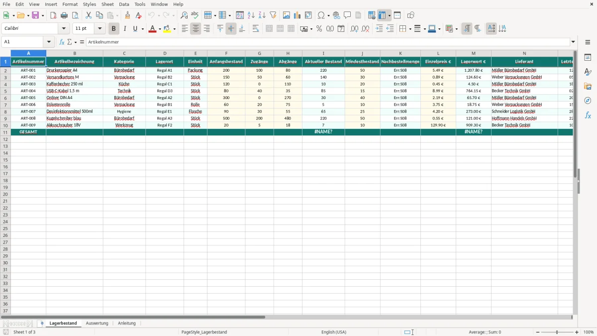 Captura de tela 1: Aba Lagerbestand - Planilha Excel lagerverwaltung excel vorlage