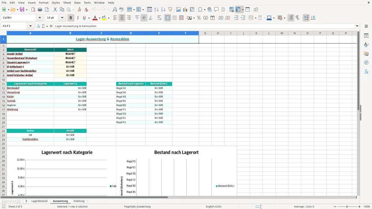 Captura de tela 2: Aba Auswertung - Planilha Excel lagerverwaltung excel vorlage