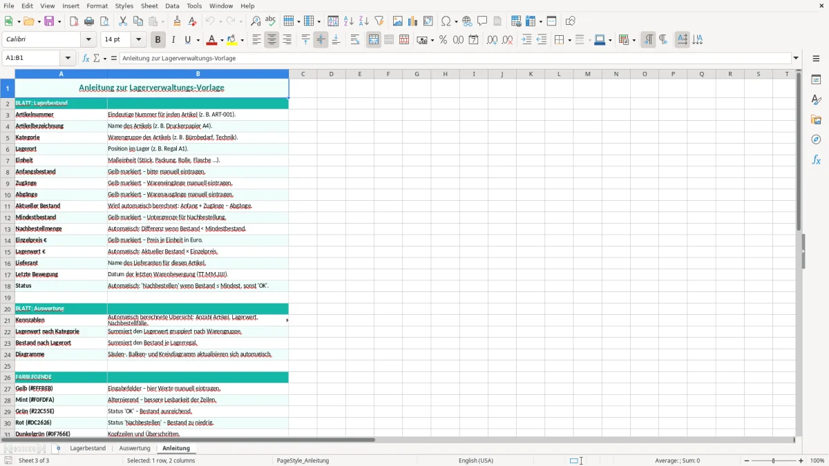 Captura de tela 3: Aba Anleitung - Planilha Excel lagerverwaltung excel vorlage