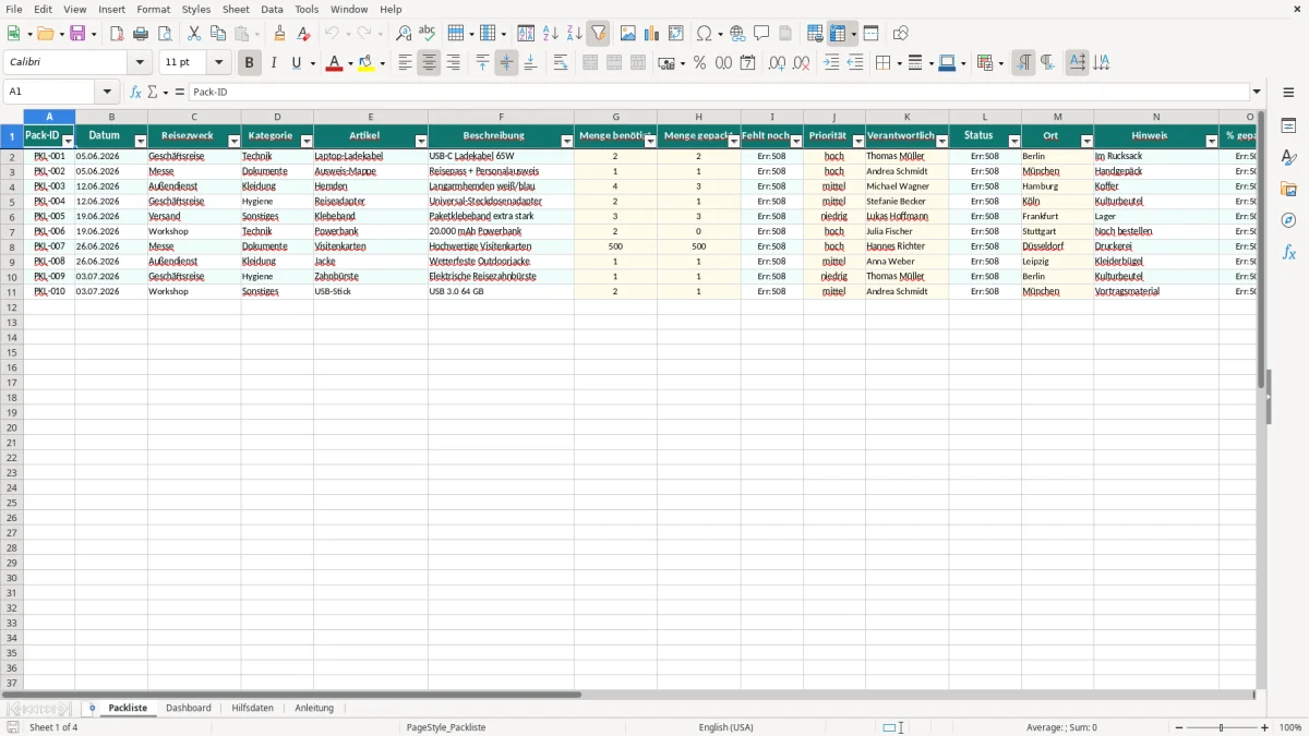 Captura de tela 1: Aba Packliste - Planilha Excel packliste excel vorlage