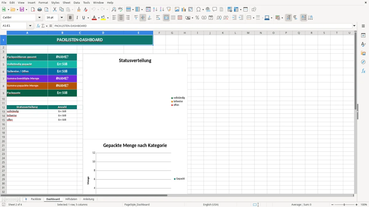 Captura de tela 2: Aba Dashboard - Planilha Excel packliste excel vorlage