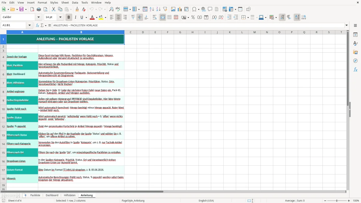 Captura de tela 4: Aba Anleitung - Planilha Excel packliste excel vorlage