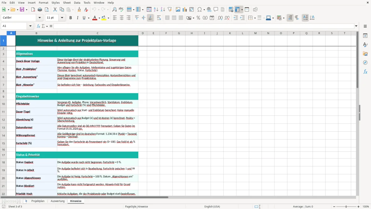 Captura de tela 3: Aba Hinweise - Planilha Excel projektplan excel vorlage