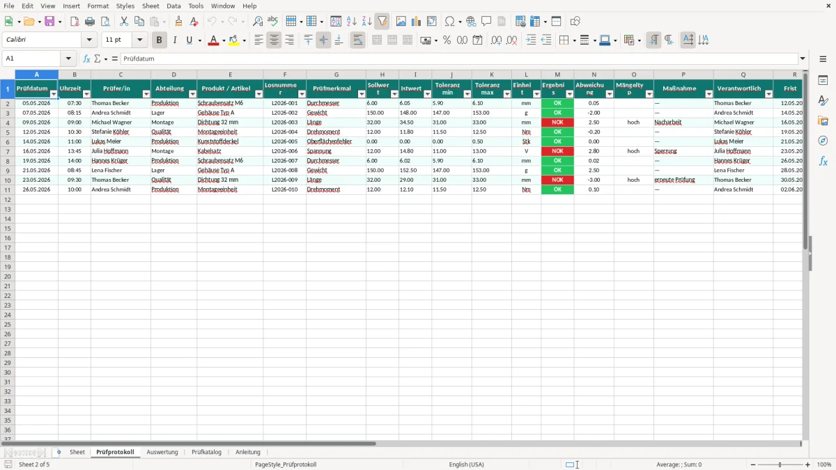 Captura de tela 2: Aba Prüfprotokoll - Planilha Excel qualitätskontrolle excel vorlage