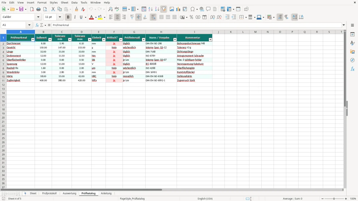 Captura de tela 4: Aba Prüfkatalog - Planilha Excel qualitätskontrolle excel vorlage