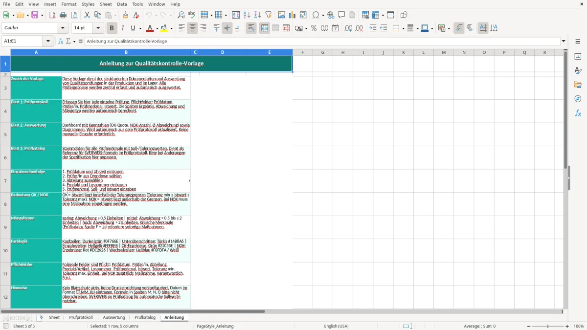 Captura de tela 5: Aba Anleitung - Planilha Excel qualitätskontrolle excel vorlage