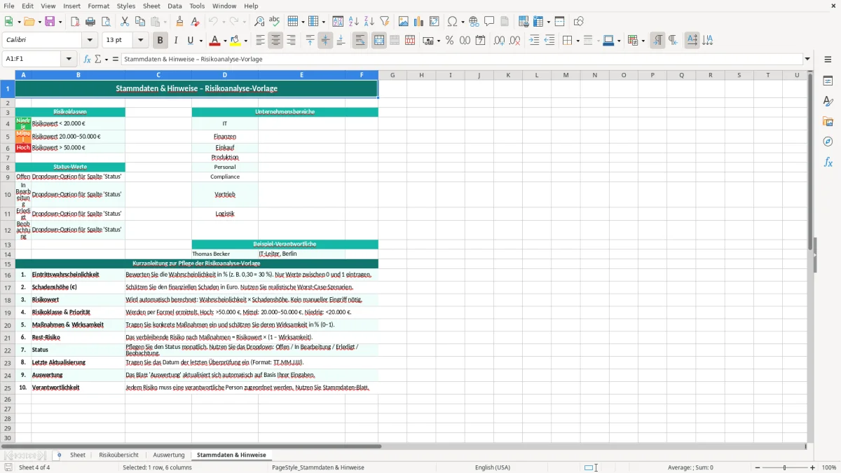Captura de tela 4: Aba Stammdaten & Hinweise - Planilha Excel risikoanalyse excel vorlage