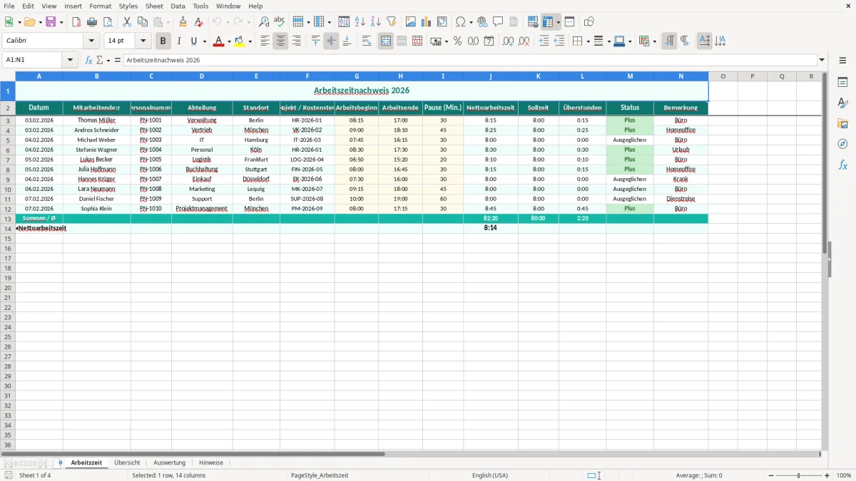 Captura de tela 1: Aba Arbeitszeit - Planilha Excel Arbeitszeitnachweis Excel Vorlage
