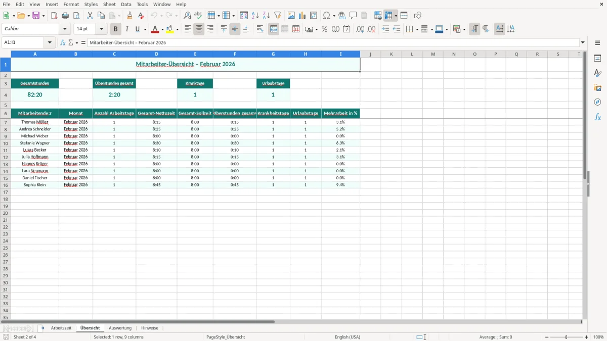 Captura de tela 2: Aba Übersicht - Planilha Excel Arbeitszeitnachweis Excel Vorlage