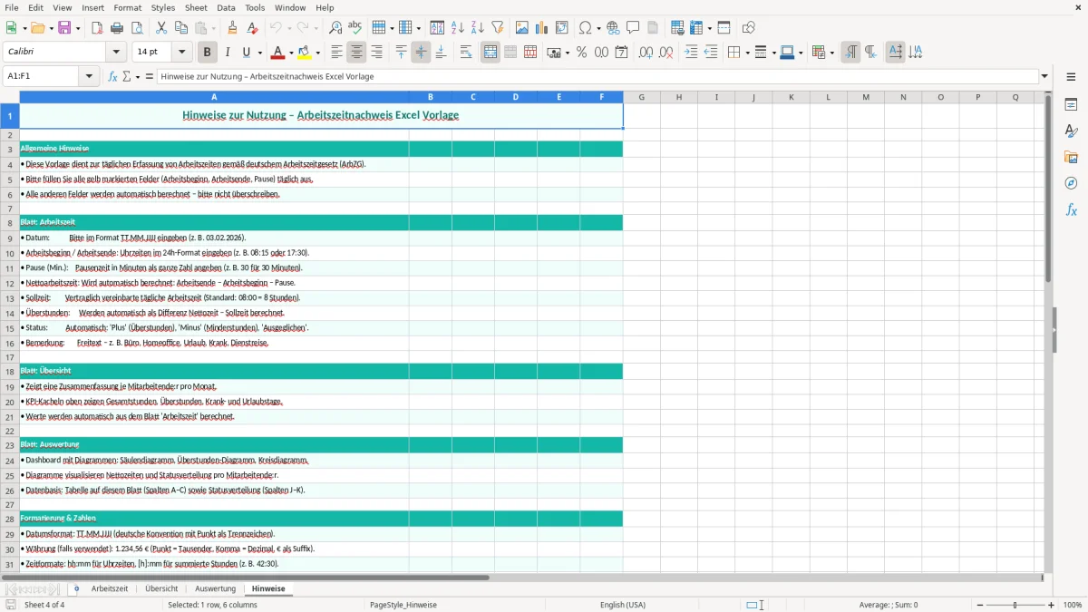Captura de tela 4: Aba Hinweise - Planilha Excel Arbeitszeitnachweis Excel Vorlage