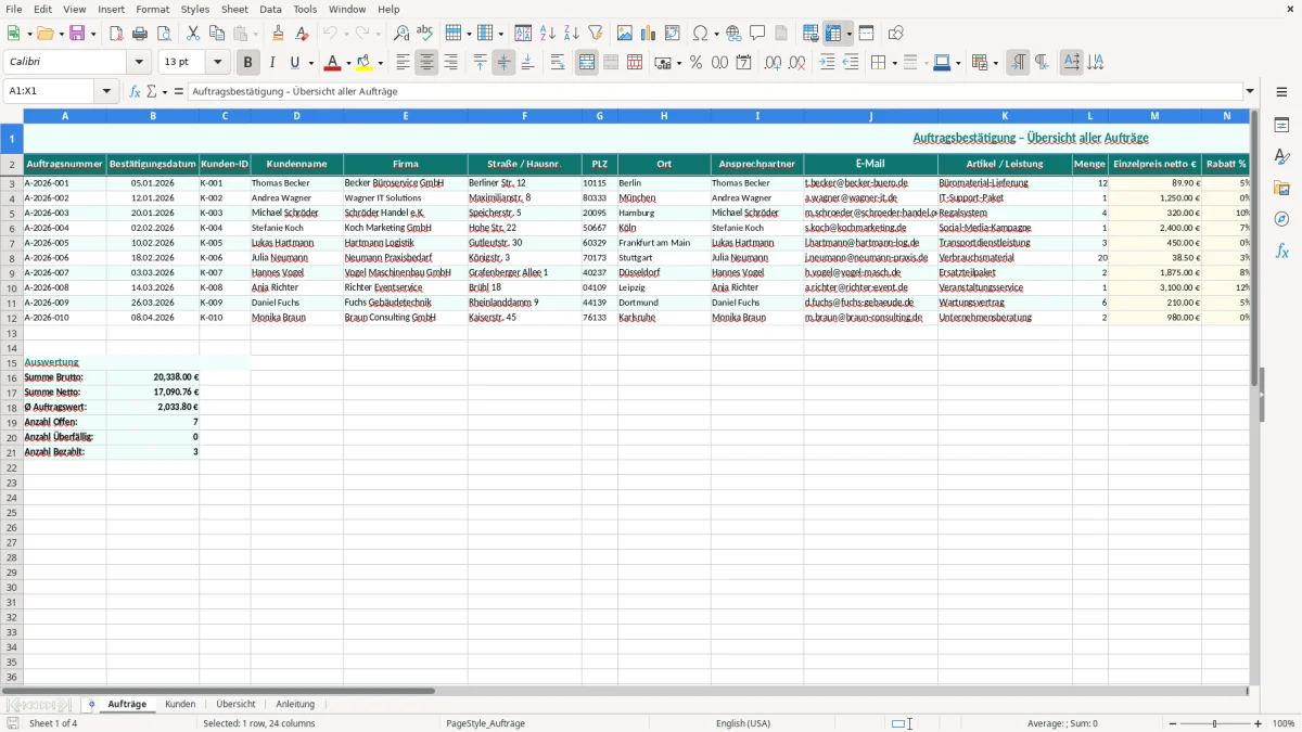 Captura de tela 1: Aba Aufträge - Planilha Excel Auftragsbestätigung Excel Vorlage kostenlos