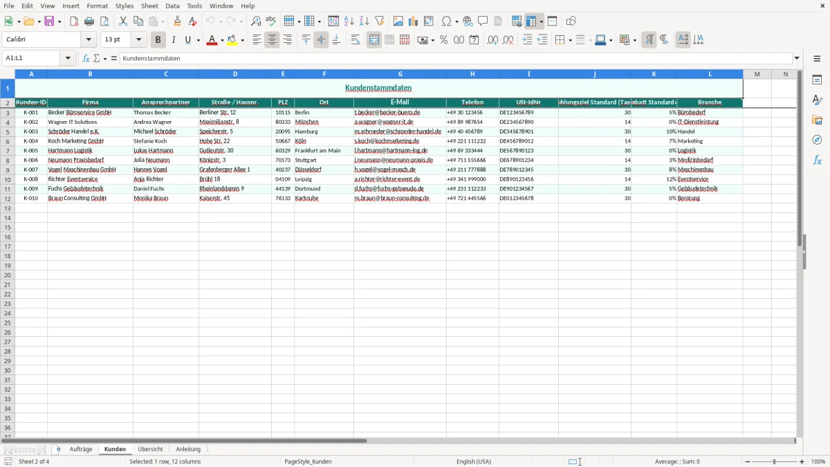 Captura de tela 2: Aba Kunden - Planilha Excel Auftragsbestätigung Excel Vorlage kostenlos
