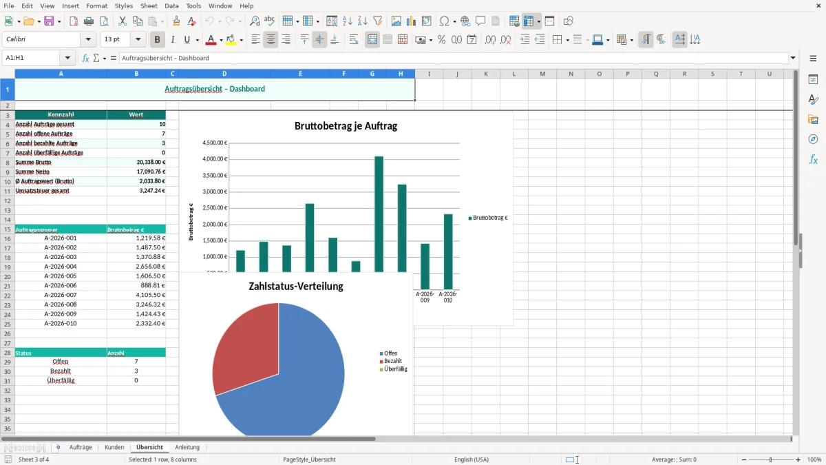 Captura de tela 3: Aba Übersicht - Planilha Excel Auftragsbestätigung Excel Vorlage kostenlos