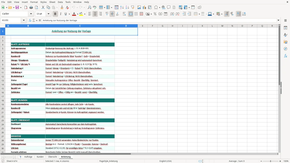 Captura de tela 4: Aba Anleitung - Planilha Excel Auftragsbestätigung Excel Vorlage kostenlos