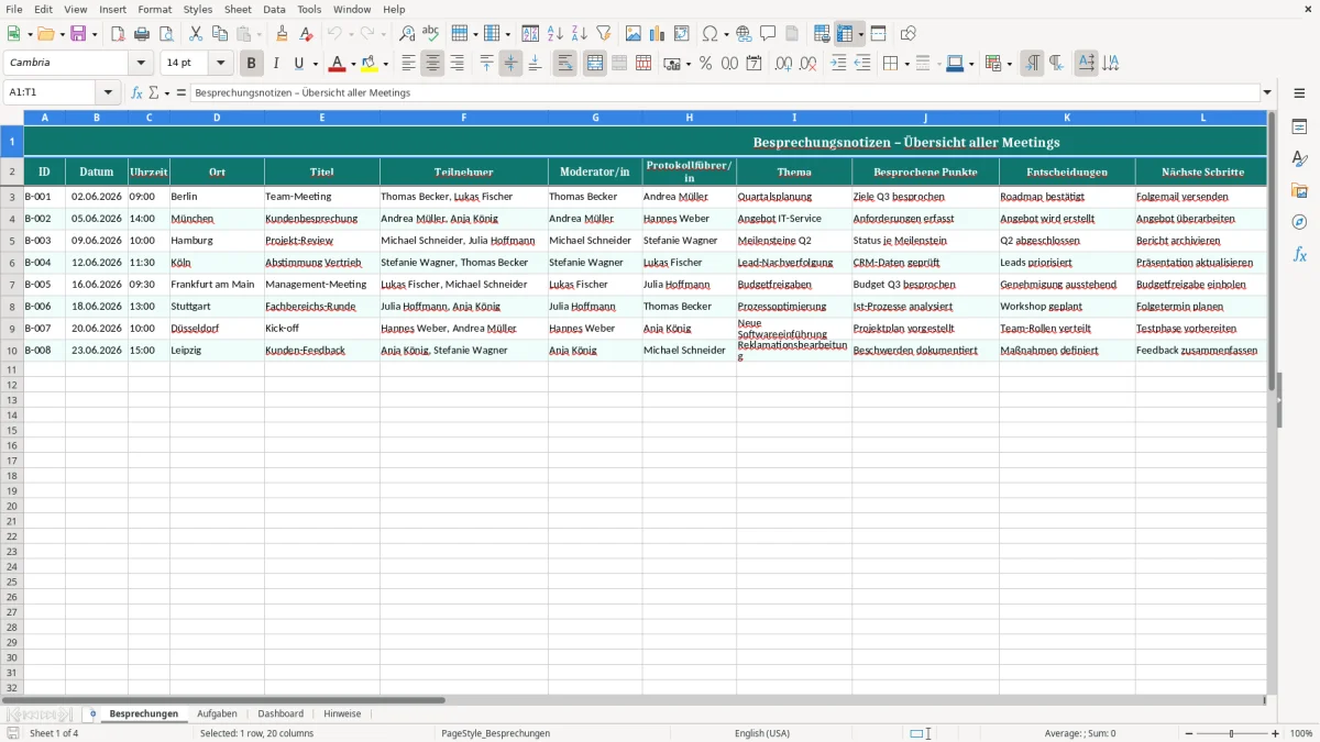 Captura de tela 1: Aba Besprechungen - Planilha Excel Besprechungsnotizen Excel Vorlage kostenlos