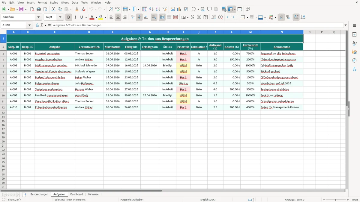 Captura de tela 2: Aba Aufgaben - Planilha Excel Besprechungsnotizen Excel Vorlage kostenlos