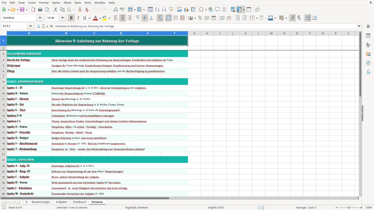Captura de tela 4: Aba Hinweise - Planilha Excel Besprechungsnotizen Excel Vorlage kostenlos