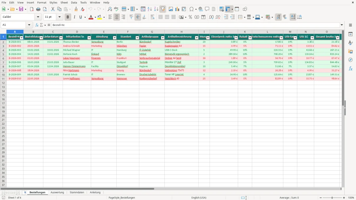 Captura de tela 1: Aba Bestellungen - Planilha Excel Bestellformular Büro Excel Vorlage kostenlos