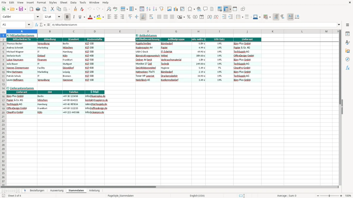 Captura de tela 3: Aba Stammdaten - Planilha Excel Bestellformular Büro Excel Vorlage kostenlos