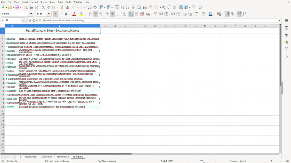 Captura de tela 4: Aba Anleitung - Planilha Excel Bestellformular Büro Excel Vorlage kostenlos