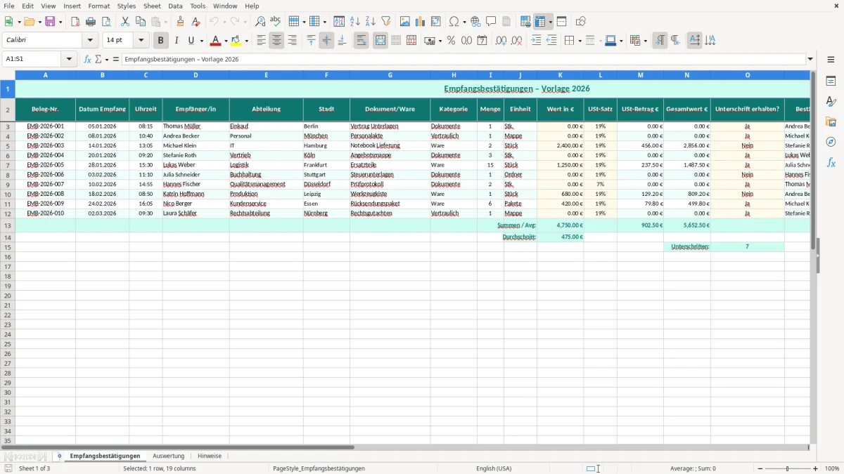 Captura de tela 1: Aba Empfangsbestätigungen - Planilha Excel Empfangsbestätigung Excel Vorlage