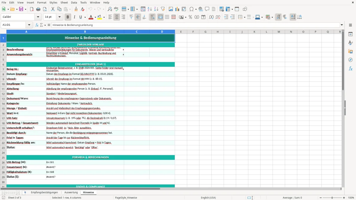 Captura de tela 3: Aba Hinweise - Planilha Excel Empfangsbestätigung Excel Vorlage