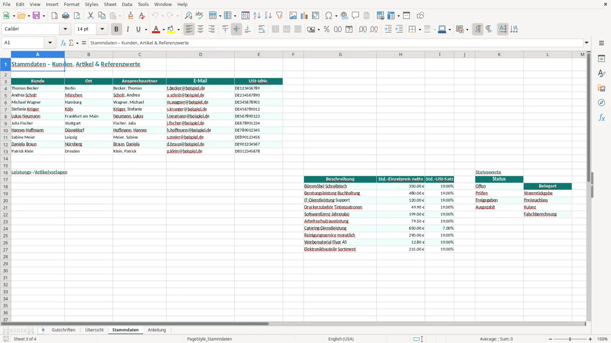 Captura de tela 3: Aba Stammdaten - Planilha Excel Gutschrift erstellen Excel Vorlage