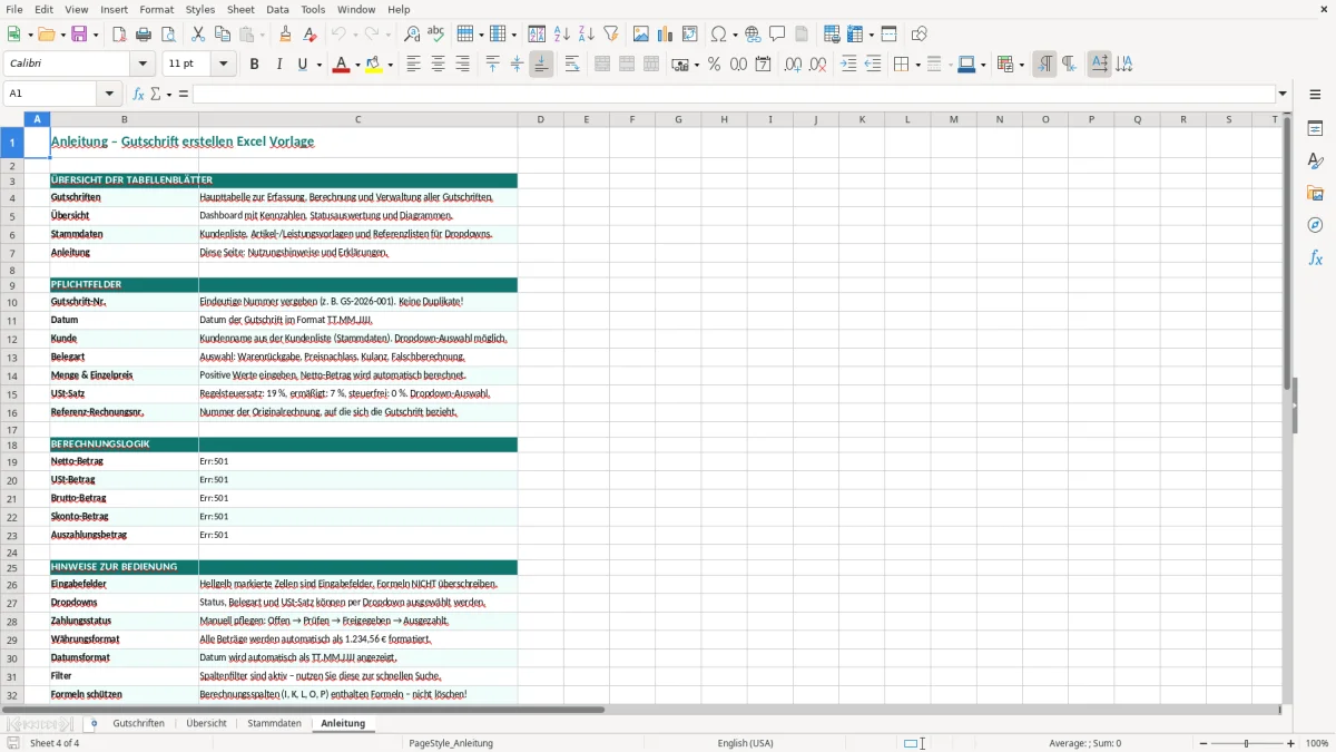 Captura de tela 4: Aba Anleitung - Planilha Excel Gutschrift erstellen Excel Vorlage