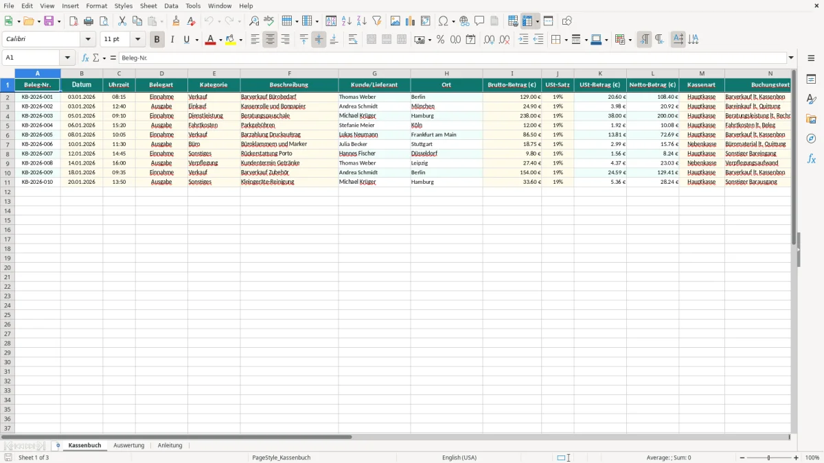 Captura de tela 1: Aba Kassenbuch - Planilha Excel Kassenbuch führen Excel Vorlage