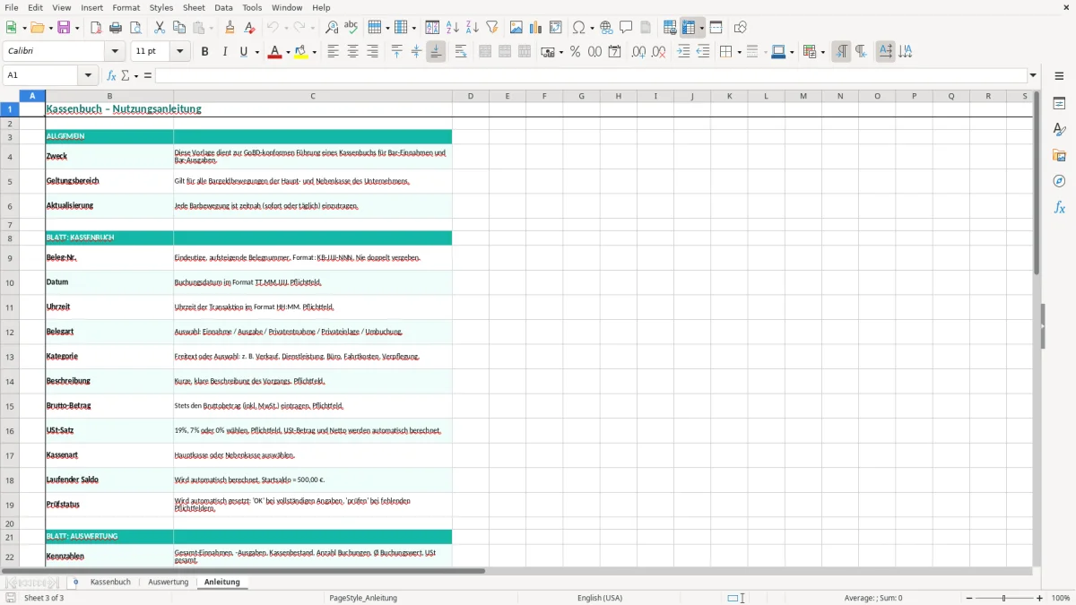 Captura de tela 3: Aba Anleitung - Planilha Excel Kassenbuch führen Excel Vorlage
