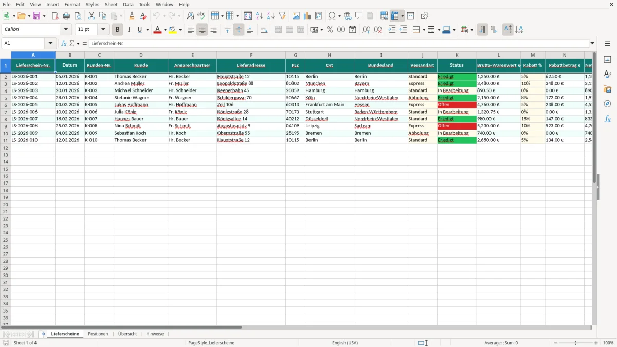 Captura de tela 1: Aba Lieferscheine - Planilha Excel Lieferschein Excel Vorlage kostenlos