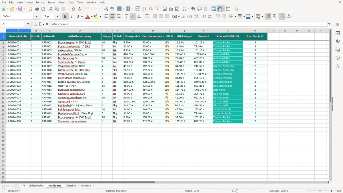 Captura de tela 2: Aba Positionen - Planilha Excel Lieferschein Excel Vorlage kostenlos