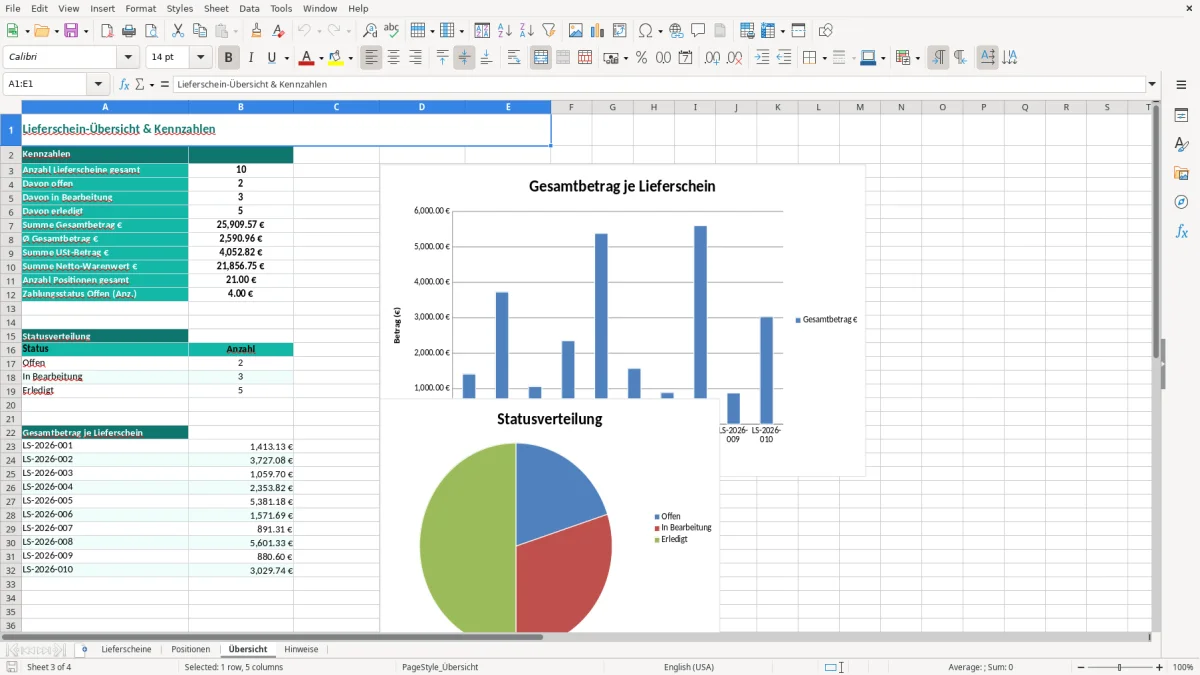 Captura de tela 3: Aba Übersicht - Planilha Excel Lieferschein Excel Vorlage kostenlos