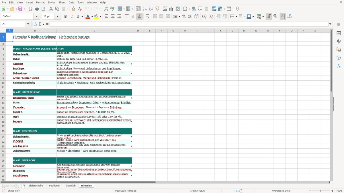 Captura de tela 4: Aba Hinweise - Planilha Excel Lieferschein Excel Vorlage kostenlos