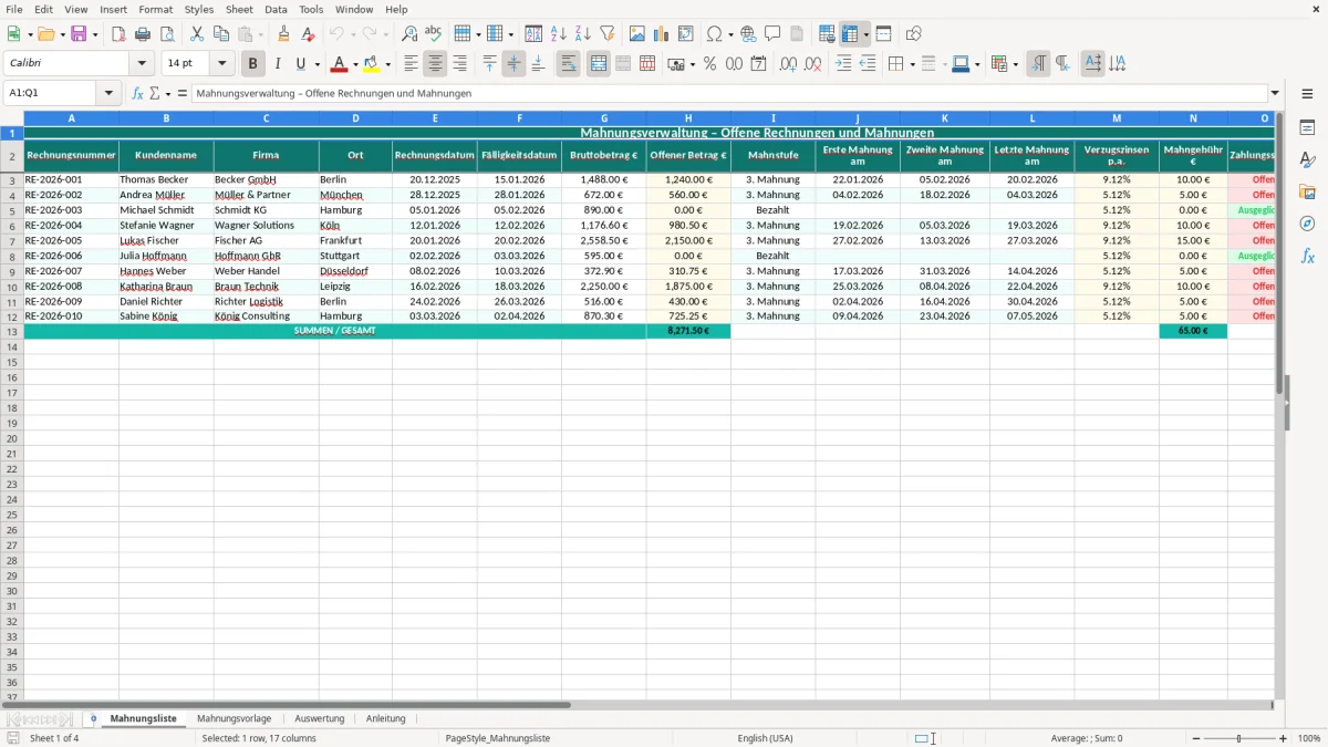 Captura de tela 1: Aba Mahnungsliste - Planilha Excel Mahnung schreiben Excel Vorlage kostenlos