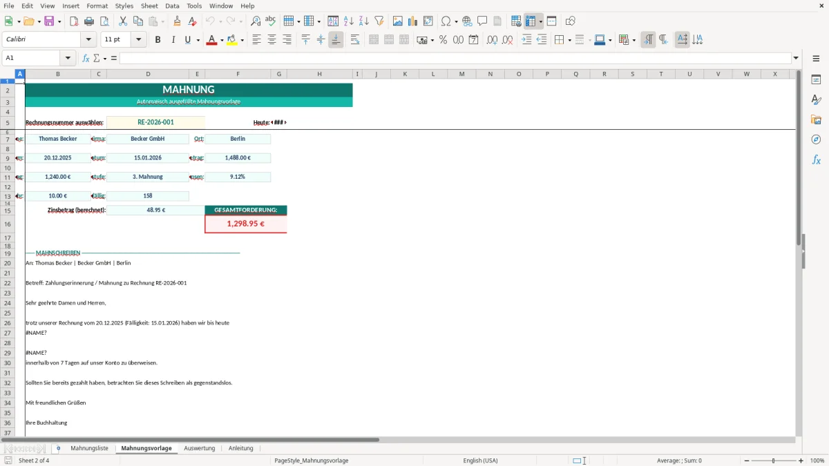 Captura de tela 2: Aba Mahnungsvorlage - Planilha Excel Mahnung schreiben Excel Vorlage kostenlos