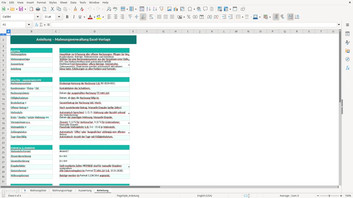 Captura de tela 4: Aba Anleitung - Planilha Excel Mahnung schreiben Excel Vorlage kostenlos