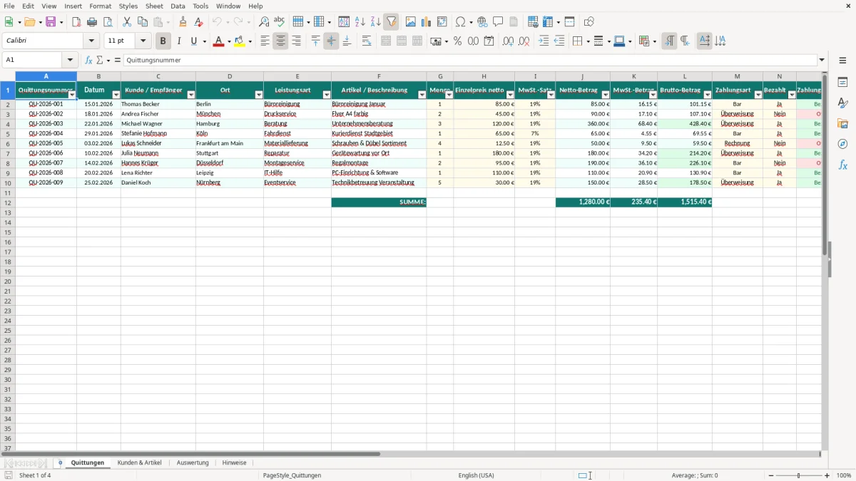 Captura de tela 1: Aba Quittungen - Planilha Excel Quittung erstellen Excel Vorlage